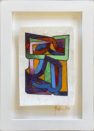 Abstract painting of interlocking rectangular and curved loop forms in bold colors on a cream ground.