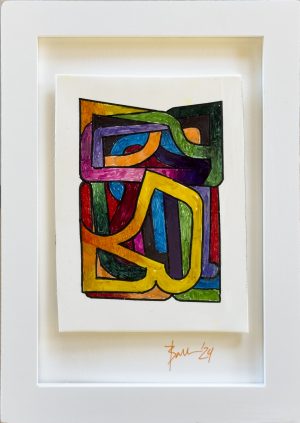 Abstract ink drawing of interlocking colorful banded shapes in yellow, blue, green, red, and purple on white.
