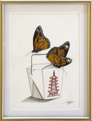 Ink and watercolor drawing of two monarch butterflies perched on a white Chinese takeout container with a red pagoda.