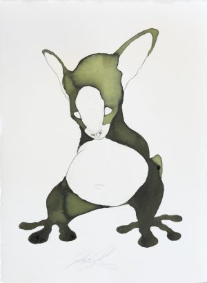 Ink drawing of a fantastical upright creature with bat-like ears, a blank white face, and a bulbous belly on white paper.
