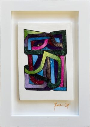 Abstract drawing of densely interlocking curved and rectangular bands in vivid magenta, blue, green, and purple with heavy black outlines.