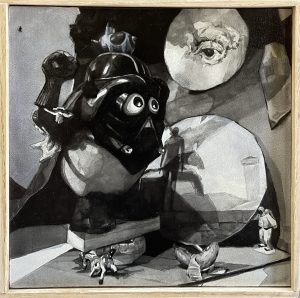 Monochromatic graphite painting of surreal objects including a goggle-eyed creature, reflective spheres, and miniature figurines.