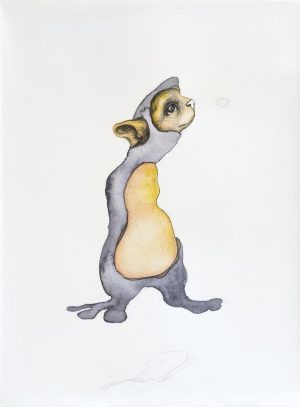 Watercolor and ink drawing of a ferret standing upright on its hind legs, gazing upward at a small circular shape.