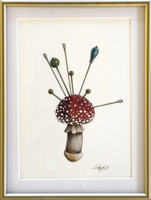 Ink and watercolor drawing of an Amanita mushroom used as a pincushion with antique hat pins inserted in its red cap.