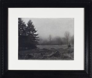 Charcoal drawing of a misty winter landscape with dark evergreen trees at left and bare trees in foggy distance.
