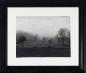Charcoal drawing of a misty winter landscape with bare trees, open fields, and a dark ploughed foreground.