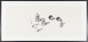 Pencil drawing of several small matryoshka nesting dolls with cartoon faces scattered on a plain surface.