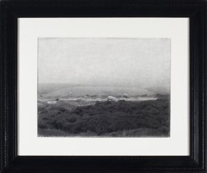 Charcoal drawing of sheep grazing on a dark, rocky moorland beneath a misty grey sky.