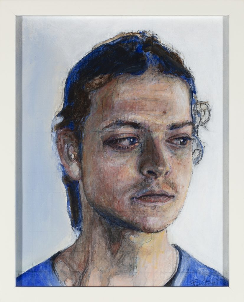 Acrylic portrait of a young person with dark cobalt-streaked hair gazing directly forward on a grey background.