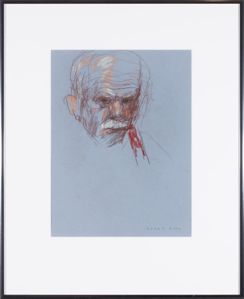 Gestural mixed-media portrait of an elderly man with a white mustache on blue-grey paper.