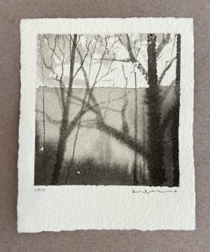 Small ink wash drawing of bare winter trees with dark trunks against a pale misty background.