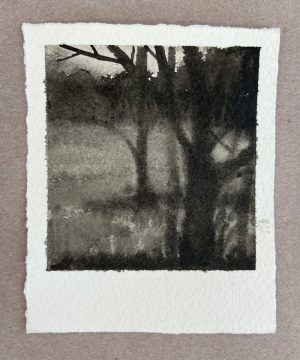 Ink wash painting of dark tree trunks and bare branches silhouetted against a misty pale landscape.