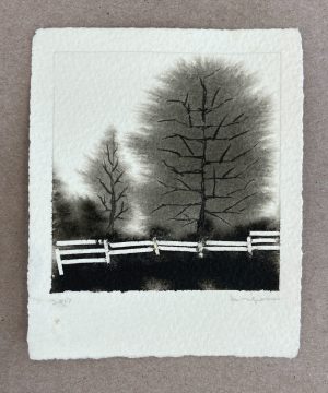 Monochromatic ink print of two bare winter trees behind a white split-rail fence on dark ground.
