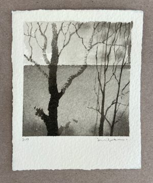 Ink wash painting of bare winter trees with dark trunks and branching silhouettes against a grey sky.