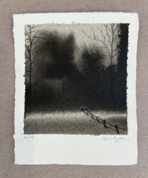 Ink wash drawing of a misty winter field with bare trees, dense evergreens, and a split-rail fence in fog.