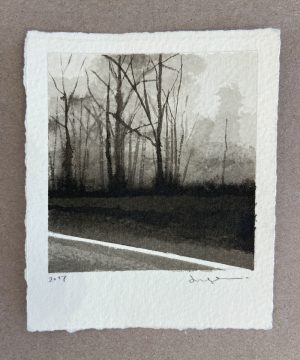 Ink wash on paper of bare winter trees and dark hedgerow beside a pale diagonal road under a misty sky.