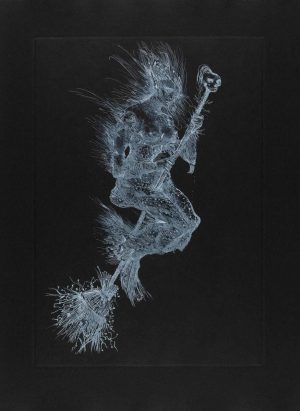 White ink etching of a bristling, contorted creature holding a skull-topped staff on black paper.