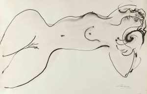 Ink drawing of a reclining female nude rendered in loose, gestural black line on white paper.