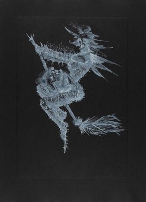 White ink etching on black paper of a witch riding a broomstick with a demonic creature clinging to her body.