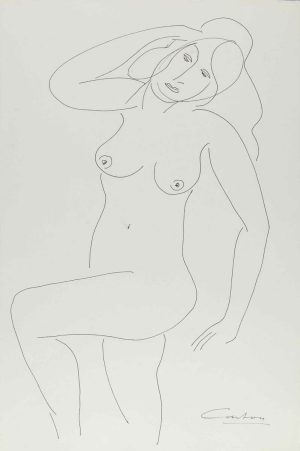 Ink contour line drawing of a standing female nude with raised arm and flowing hair on white paper.