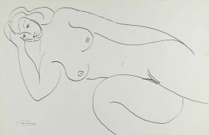 Ink line drawing of a reclining nude female figure on white paper, rendered in fluid continuous contour lines.