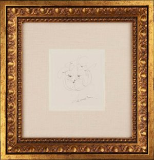 Small ink drawing of two intertwined fantastical feline faces sketched in loose, looping continuous line on white paper.