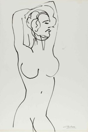 Ink drawing of a standing female nude with arms raised above her head on white paper.