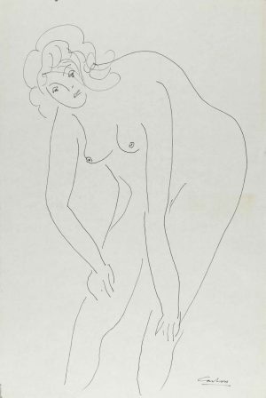 Ink line drawing of a standing nude female figure with curly hair, leaning slightly forward on white paper.