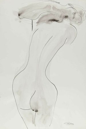 Ink drawing of a nude female figure seen from behind, rendered in loose contour lines and gray wash on white paper.