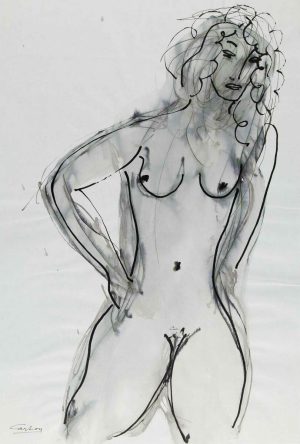 Gestural ink drawing of a standing female nude with flowing hair, rendered in loose black lines and grey wash.