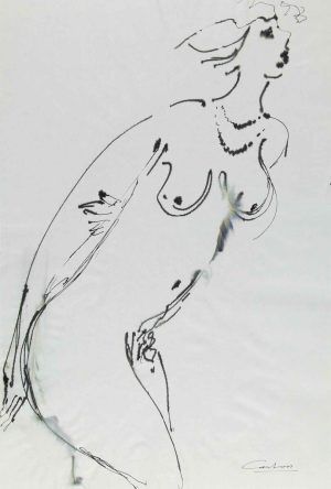 Gestural ink drawing of a standing female nude figure on white paper, head tilted upward.