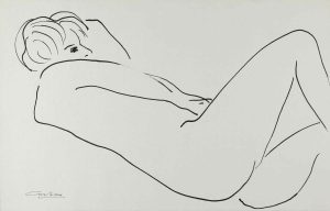Ink drawing of a reclining female nude in continuous line on white paper.