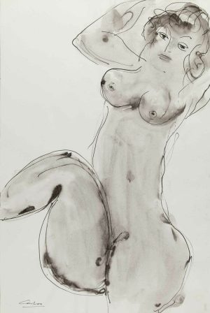 Ink drawing of a female nude torso with arms raised, rendered in gestural line and gray wash on white paper.