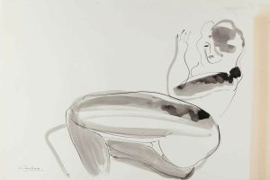 Ink drawing of a reclining female nude rendered in loose line work and grey wash on white paper.