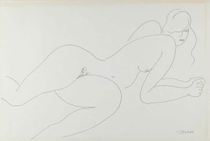 Ink contour line drawing of a reclining nude female figure on white paper with a small floral detail at the hip.