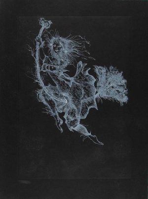 White ink etching of a wild female figure riding a lion and brandishing a staff on black paper.