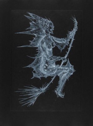 White ink etching on black paper of a winged, spined fantastical creature grasping a thorned staff.