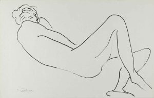 Ink drawing of a reclining female nude rendered in loose, continuous contour lines on white paper.