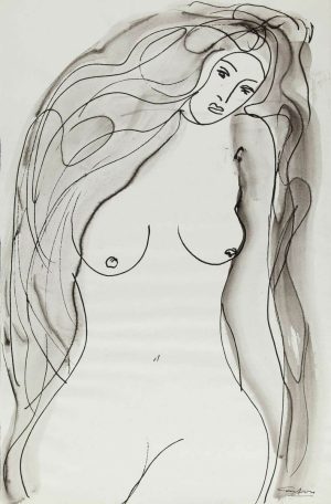 Ink drawing of a standing female nude with long flowing hair rendered in gestural black line and grey wash.