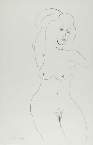 Ink line drawing of a standing female nude figure with long hair on white paper.
