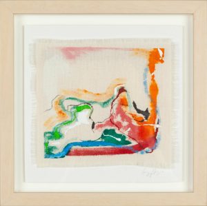 Abstract acrylic and ink painting on raw canvas with flowing orange, red, green, and blue color fields.