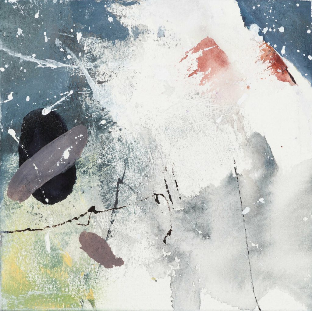 Abstract ink and watercolor painting with blue, white, black oval, and terracotta washes on paper.