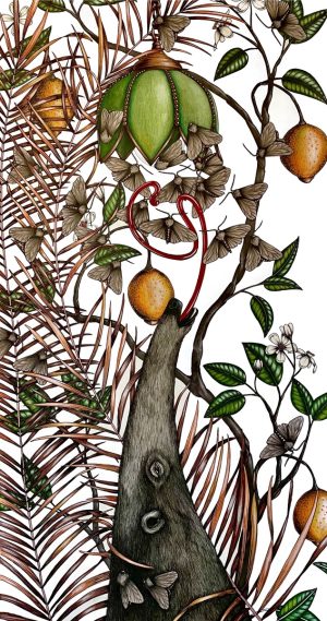 Ink and watercolor drawing of an anteater reaching toward a green pendant lamp among lemon branches, moths, and palm fronds.