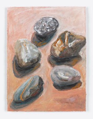 Oil and pastel painting of five stones and rocks arranged on a warm pink background.