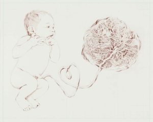 Pencil drawing of a nude infant connected by an umbilical cord to a large textured organic mass on pale paper.