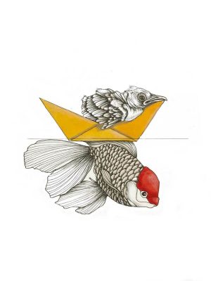Ink and watercolor drawing of a bird in a yellow paper boat above a detailed fantail goldfish beneath a waterline.