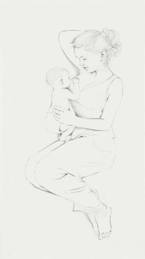 Pencil drawing of a seated young woman holding a small infant against her chest on pale paper.