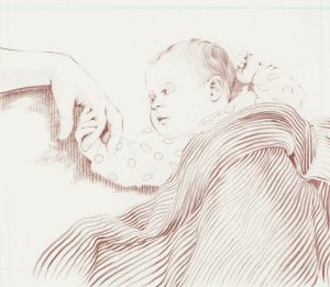 Pencil drawing of a swaddled newborn baby grasping an adult's finger, rendered in warm reddish-brown lines.