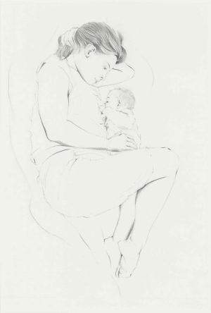 Pencil drawing of a seated woman breastfeeding a newborn infant, head bowed, on cream paper.