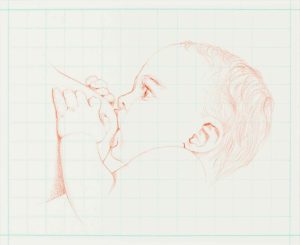 Red pencil drawing of a nursing infant in profile, hand raised, eyes closed, on graph paper.